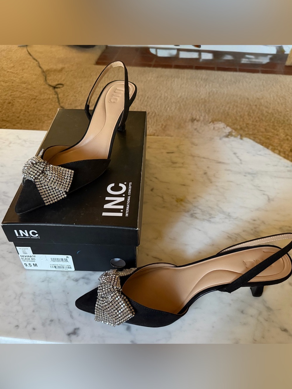 INC International Concepts Black Crystal Bow Slingback Heels